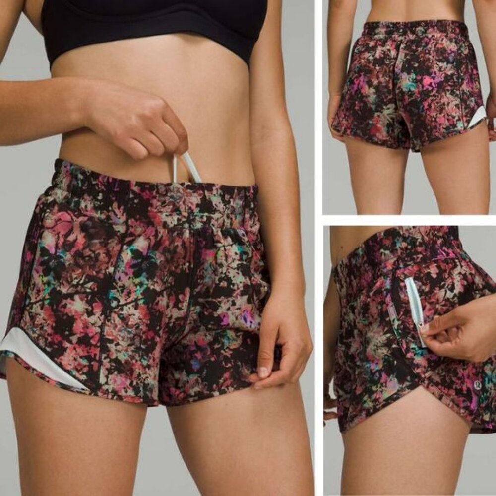 LULULEMON Tracker Low-Rise Lined Short 4" Size 4 Stencil Blossom Red Multi